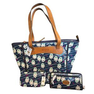 Fossil Coated Canvas Navy Blue Owl Print Large Tote Bag Purse W/Wallet & Make Up